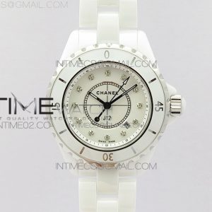 EAST공장 샤넬 J12 화이트세라믹 12포인트다이얼 33mm 여성용 세라믹브레이슬릿 솔리드백 J12 33MM WHITE KOREA CERAMIC WHITE DIAL DIAMOND MARKERS ON BRACELET SWISS QUARTZ KOR