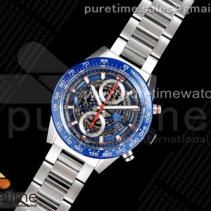 XF공장 태그호이어 칼리버호이어 블루 43 스켈레톤다이얼 Calibre Heuer 01 Chrono 43mm Blue Ceramic SS XF 11 Best Edition Skeleton Dial on SS Bracelet A1887